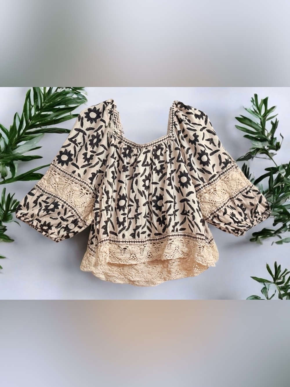 Christian Siriano Boho Linen Blend Embroidered Square Neck Puff Sleeve Blouse L - Picture 3 of 9